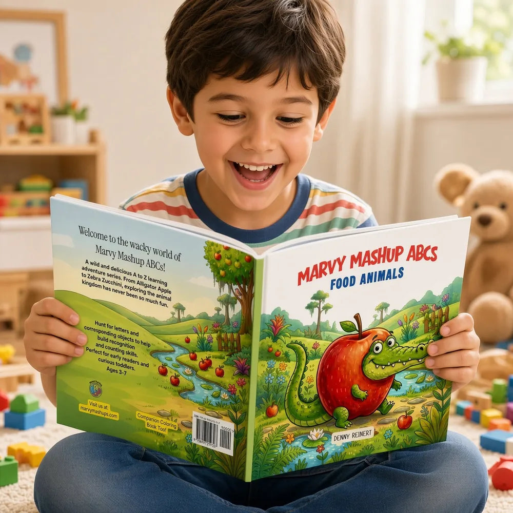 A child laughing while reading Marvy Mashup ABCs